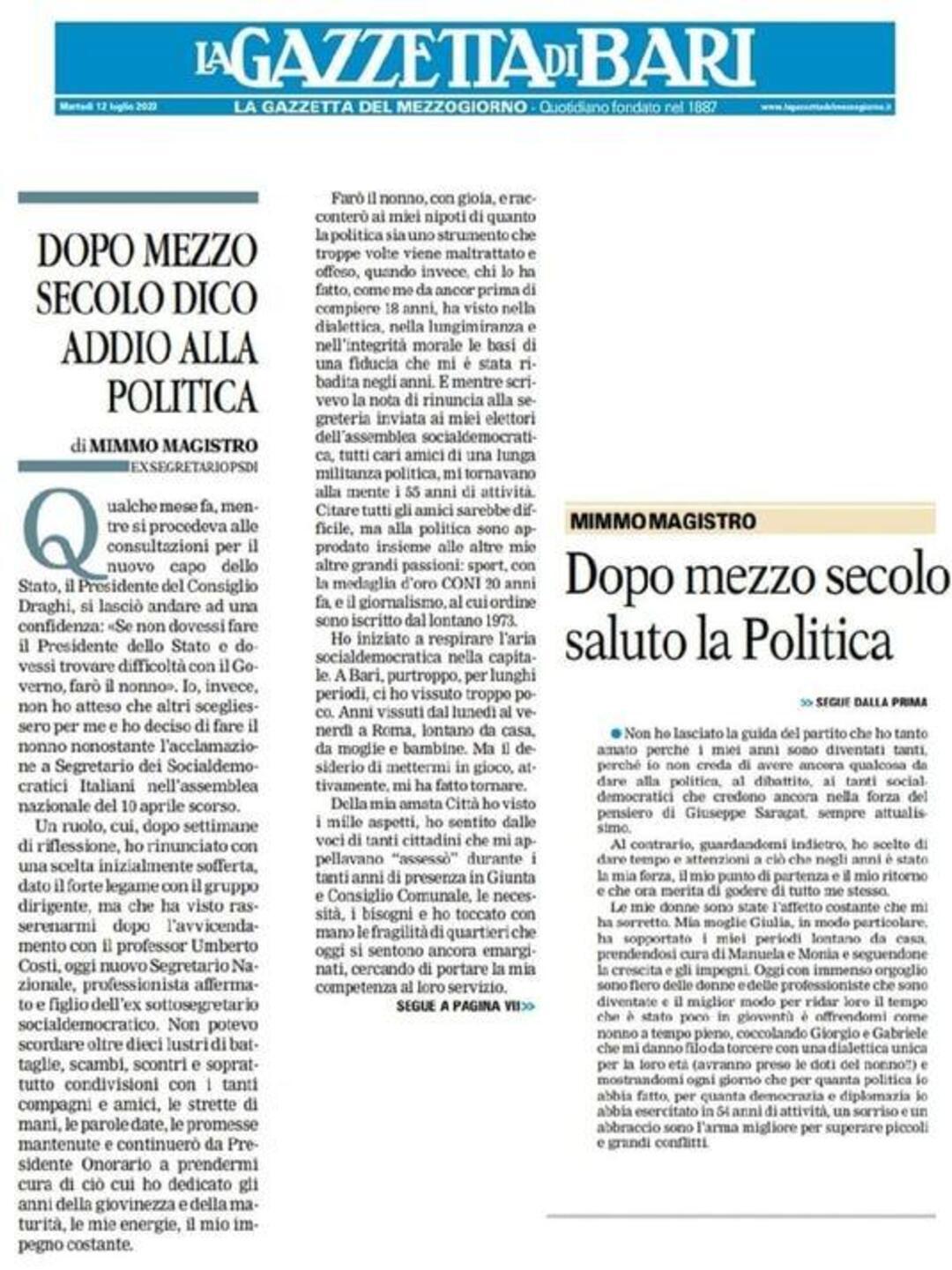 Articolo di Mimmo Magistro pubblicato su “La Gazzetta del Mezzogiorno” del 12 luglio 2022