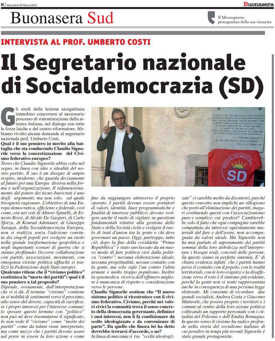 Intervista ad Umberto Costi pubblicata su “Buonasera Sud” del 20 marzo 2024